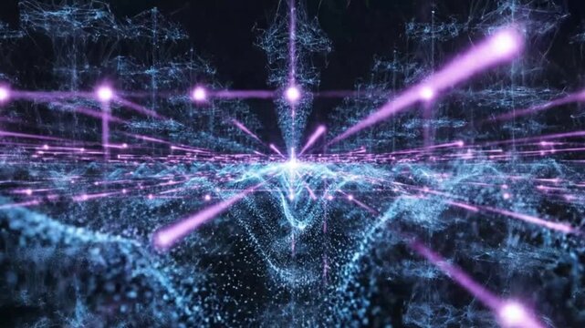 Abstract digital landscape of flowing blue particles with glowing purple light rays moving across dark background.