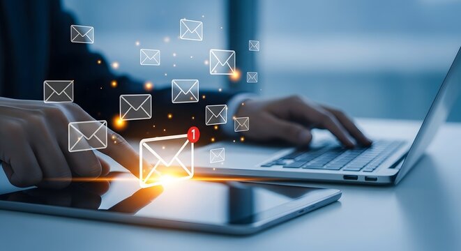 Business person managing email communication workflow with digital envelope icons floating over laptop and tablet