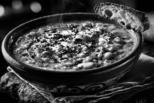 Rustic minestra di farro soup in ceramic bowl with crusty bread