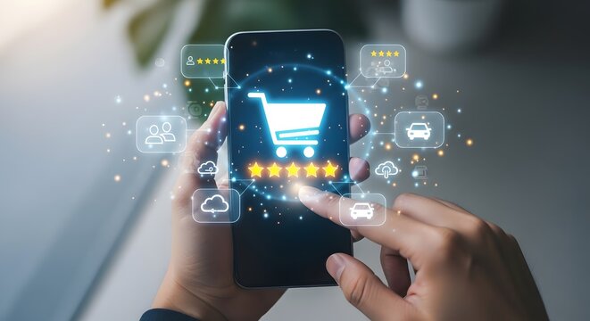 Hands using smartphone for online shopping with cart and star ratings displayed digitally