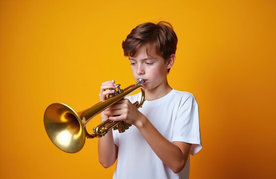 Young boy with brown hair wears white t-shirt and plays brass trumpet. Child practices musical instrument in studio. Kid makes sound with trumpet.