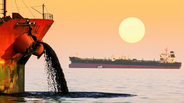 Cargo ship discharging oil into calm sea at sunset