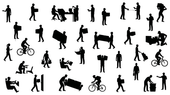 Professional movers and logistics workers silhouettes performing delivery tasks | Transportation service staff icons for shipping and relocation