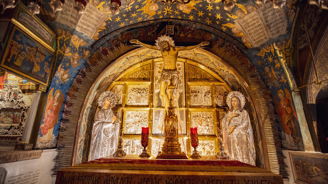 Interior of the Holy Sepulchre in Israel, in front of the altar
