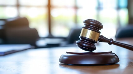 Fototapeta premium A judge's gavel rests on a sounding block in a legal office setting, symbolizing justice and authority