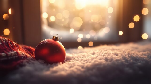 A single red Christmas ornament rests on a snowy windowsill with warm, blurred lights creating a cozy indoor ambiance.