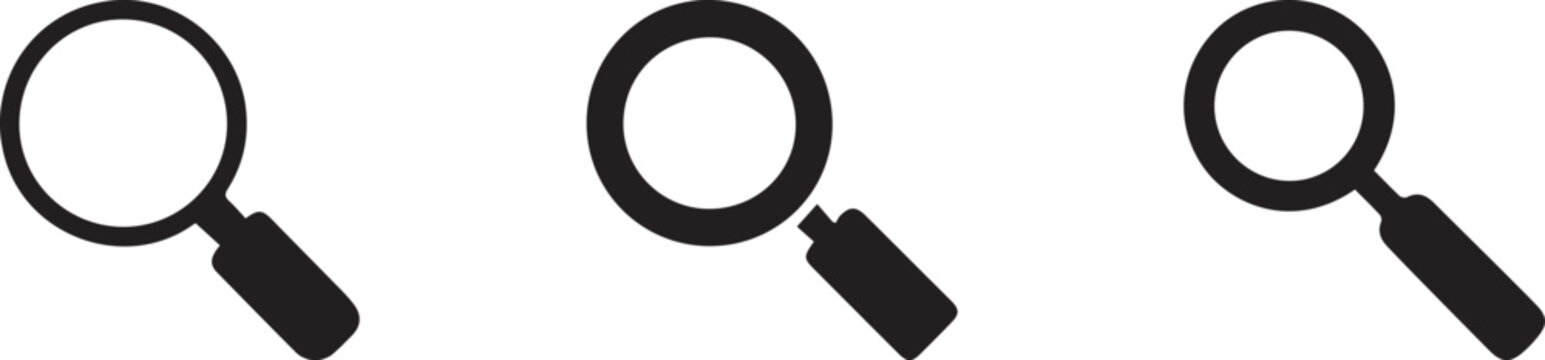Minimal magnifying glass icon set in different styles on clean background, representing search, zoom, inspection, and research concepts for web design, SEO, and digital analysis projects.