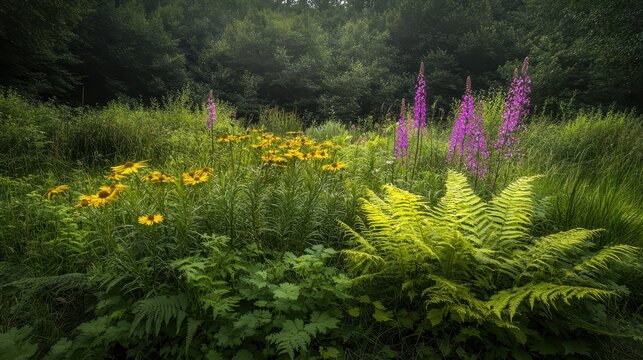 A Vibrant Wildflower Meadow Bursting with Yellow Daisies Purple Foxgloves and Lush Ferns Amidst Verdant Trees