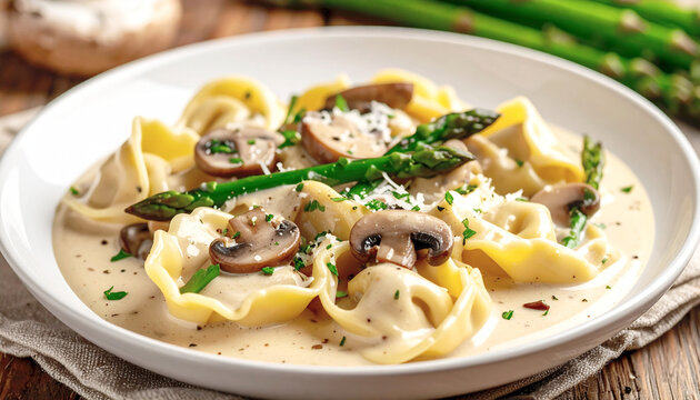 Creamy mushroom and asparagus tortellini, thick gravy, closeup. AI
