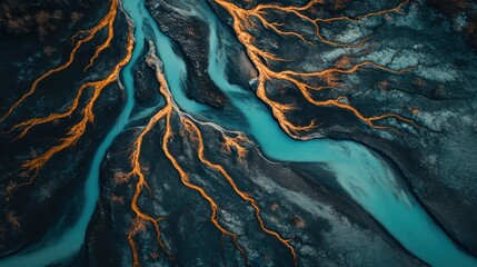 Obraz premium Aerial view of a parched earth landscape showcases dry, cracked lakebeds and branching water channels, illustrating the stark impact of climate change.