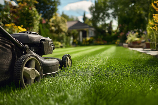 Fresh green lawn being mowed with a modern lawn mower in a suburban backyard on a sunny day, neat grass lines