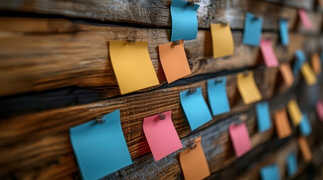 Colorful sticky notes adorn a rustic wooden wall, capturing brainstormed ideas and project planning in a focused session.