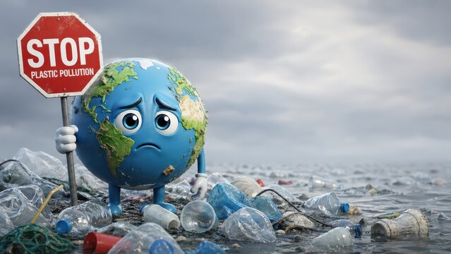 Aizawa, a planet-like character, stands amidst a sea of plastic debris with a stop sign, representing the urgent call to action against plastic pollution and environmental degradation.