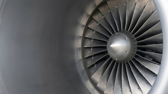 Turbine blades. Modern commercial jet engine turbofan blades with copy space, aviation and aerospace technology concept