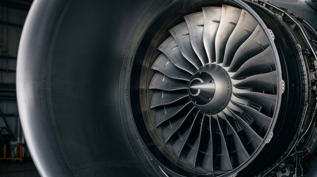 Turbine blades. Modern commercial jet engine turbofan blades with copy space, aviation and aerospace technology concept