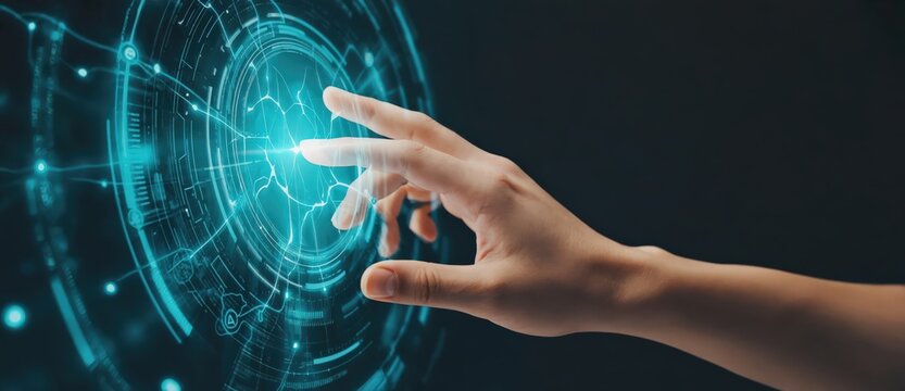 AI conscious energy interface reacting to human touch, futuristic neural hologram with living digital intelligence concept, cinematic technology interaction. 14