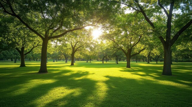 Sunlight filtering through a lush green park canopy, casting dappled shadows on a serene grassy meadow