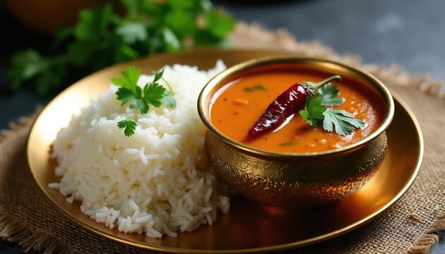 Serving of steamed white rice next to bowl of Tamil Nadu Rasam soup with chili garnish. Traditional South Indian dal curry with fresh cilantro and garnish.