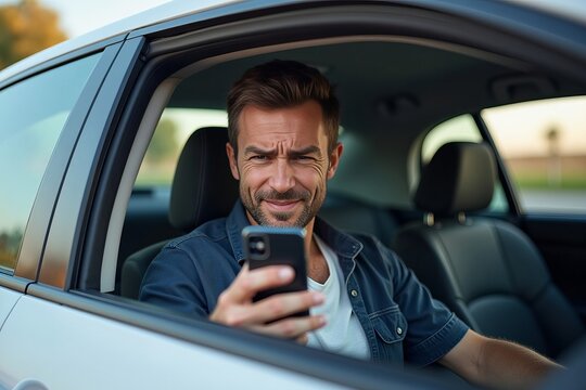 Man locked out of car with frustrated expression, phone and keys in hand