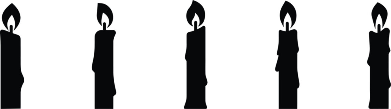 Candle Icons Set. Solid, filled icon set of candle types: pillar candle, taper candle, tea light, votive candle, jar candle, floating candle, birthday candle. Birthday icon set with cakes and candles.