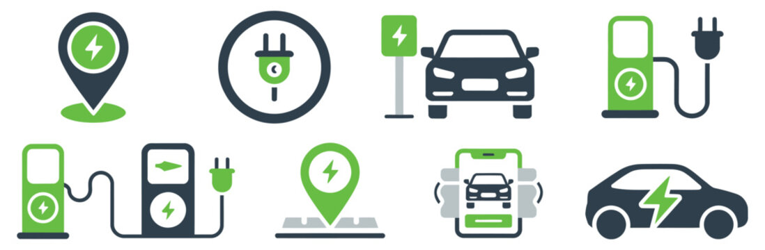 

Electric car charging icon set, EV station, plug, socket, hybrid car, green electric vehicle with plug symbol on white background, clean modern stock vector illustration.