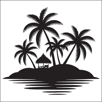  Tropical Island Paradise Silhouette ,Palm Trees and Beach Hut with Water Reflection
