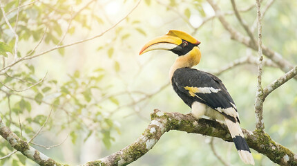 Obraz premium Great Hornbill perched on a moss-covered branch in a lush green forest with soft sunlight filtering through the leaves