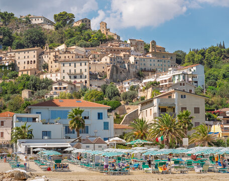 Grottammare: 20th-century villas overlooking the sea and the medieval village behind them, Ascoli Piceno, Marche, Italy