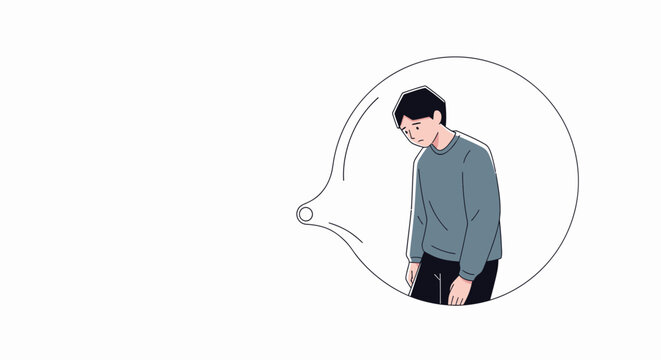 Sad man inside a thought bubble, feeling isolated and depressed, mental health concept