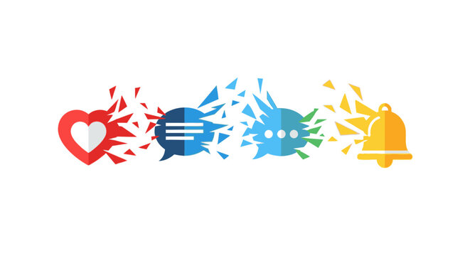Social media icons like heart, chat bubbles, and notification bell breaking apart into colorful fragments