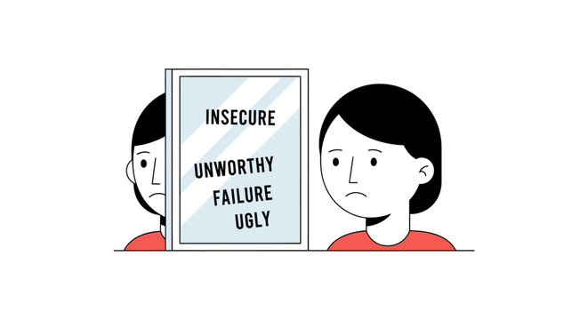 Sad woman looking in mirror reflecting negative self-perception words like insecure, unworthy, failure, and ugly