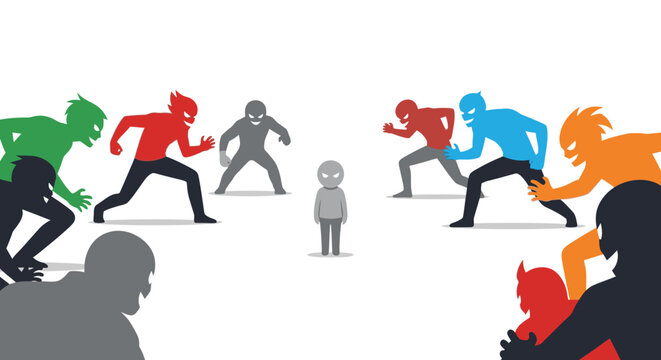 Silhouette of a lone gray person surrounded by menacing colorful figures representing conflict and bullying