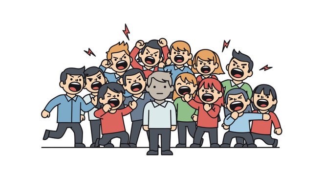 Angry mob surrounding a calm man, representing conflict, disagreement, and social pressure