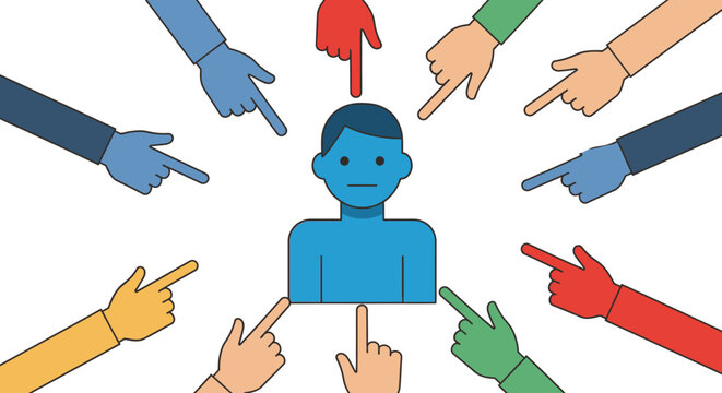 Multiple hands pointing fingers at a single person, symbolizing blame, accusation, and social pressure.