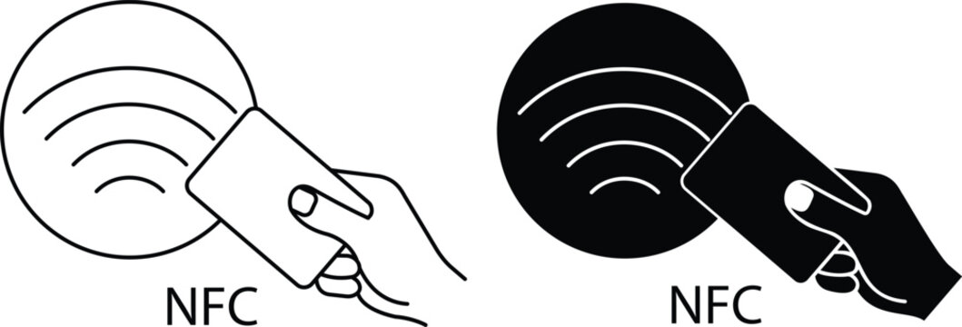 NFC contactless payment icon set, hand holding credit card wireless transaction symbols, near field communication technology signs, pay by card vector black graphic collection.