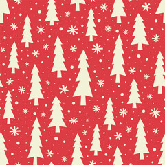 Obraz premium Small white Christmas trees and snowflakes isolated on a red background. Seamless pattern. Vector simple flat graphic illustration, hand drawn. Texture.