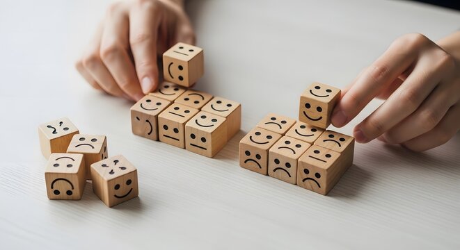 Wooden blocks with happy and sad smiley faces representing mood tracking