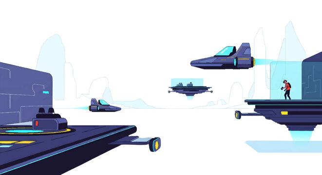 Futuristic military base with fighter jets and soldier