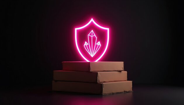Neon pink shield with crystals hovers above stacked cardboard boxes. Symbolizes secure delivery or digital asset protection. Modern, abstract concept.