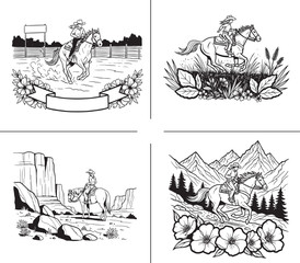 Naklejka premium Black and white illustration of cowboys riding horses in various scenic landscapes