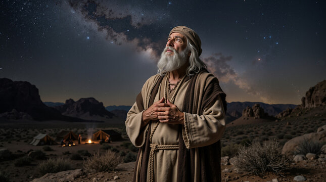 Elderly biblical man Abraham looking at the starry night sky. Senior patriarch in traditional robe standing in a desert landscape with glowing campfire and tents. Religious faith concept