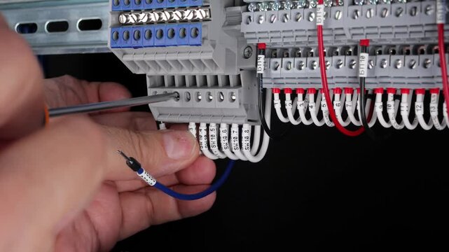 Connecting electrical wires with metal tips with a screwdriver in an electrical switchboard. Close-up.