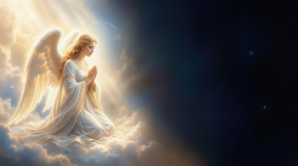 Naklejka premium Female angel kneeling in prayer on clouds in soft glowing light. Figure on the left with dark starry night sky. Biblical religion concept with copy space for text