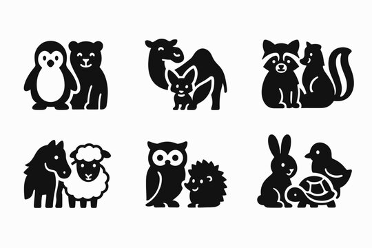 Animal Friend Pairs. Animal friend pairs. Filled icon set of animal friend pairs: penguin and polar bear pals,