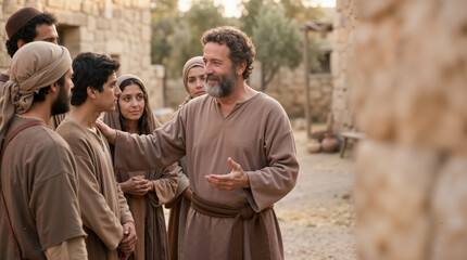 Obraz premium Apostle teaching a group of followers in an ancient village. Biblical scene with people in traditional robes