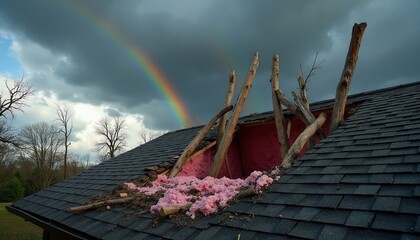 Obraz premium House roof damaged by storm with debris visible. Rainbow arcs across dark, cloudy sky. Insulation exposed in broken structure. Hope for recovery.