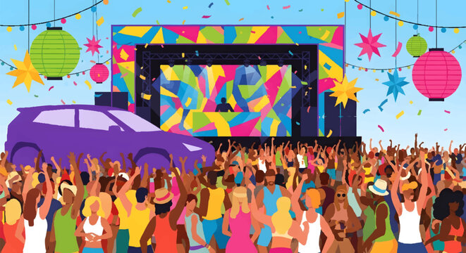 Vibrant festival crowd celebrating with colorful decorations and purple car