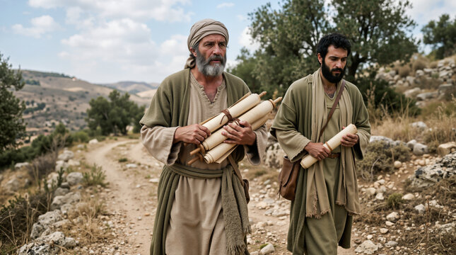 Two men in ancient robes walking on a dirt path with scrolls. Biblical scene of apostles traveling in a desert landscape