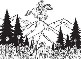 Obraz premium Black and white illustration of cowboy riding horse in mountains with trees and flowers