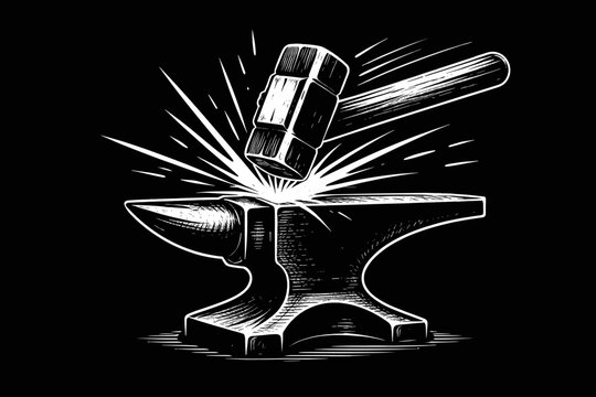 Vintage woodcut style illustration of a heavy hammer striking a metal anvil with bright sparks flying, high contrast black and white graphic for blacksmithing, forging, and industrial metalwork.